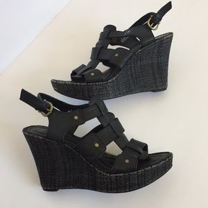 Born Crown Black Leather Open Toe Comfort Wedge